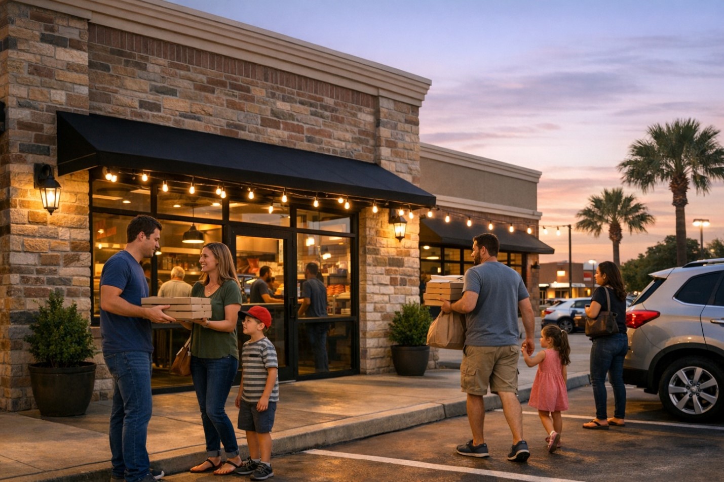 Families picking up pizza orders